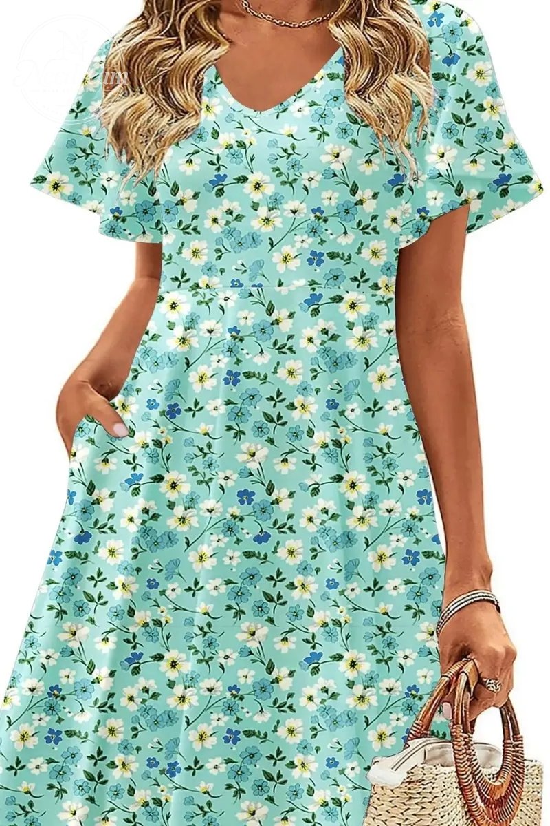 Womens Summer Dress Casual Swing Floral Ruffle Short Sleeve Sundresses Beach Mini A-Line Shift Dress
