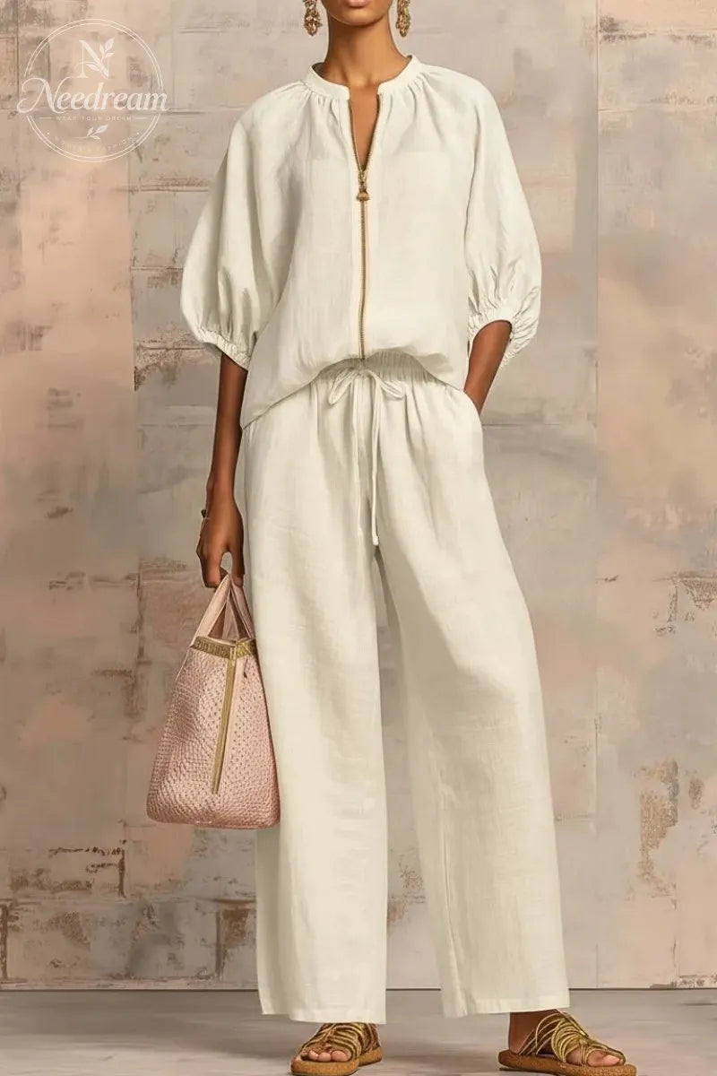 New Arrivals🔥 Stylish Cozy Zipper Shirt & Wide-Leg Pants Linen Cotton Two-Piece Set