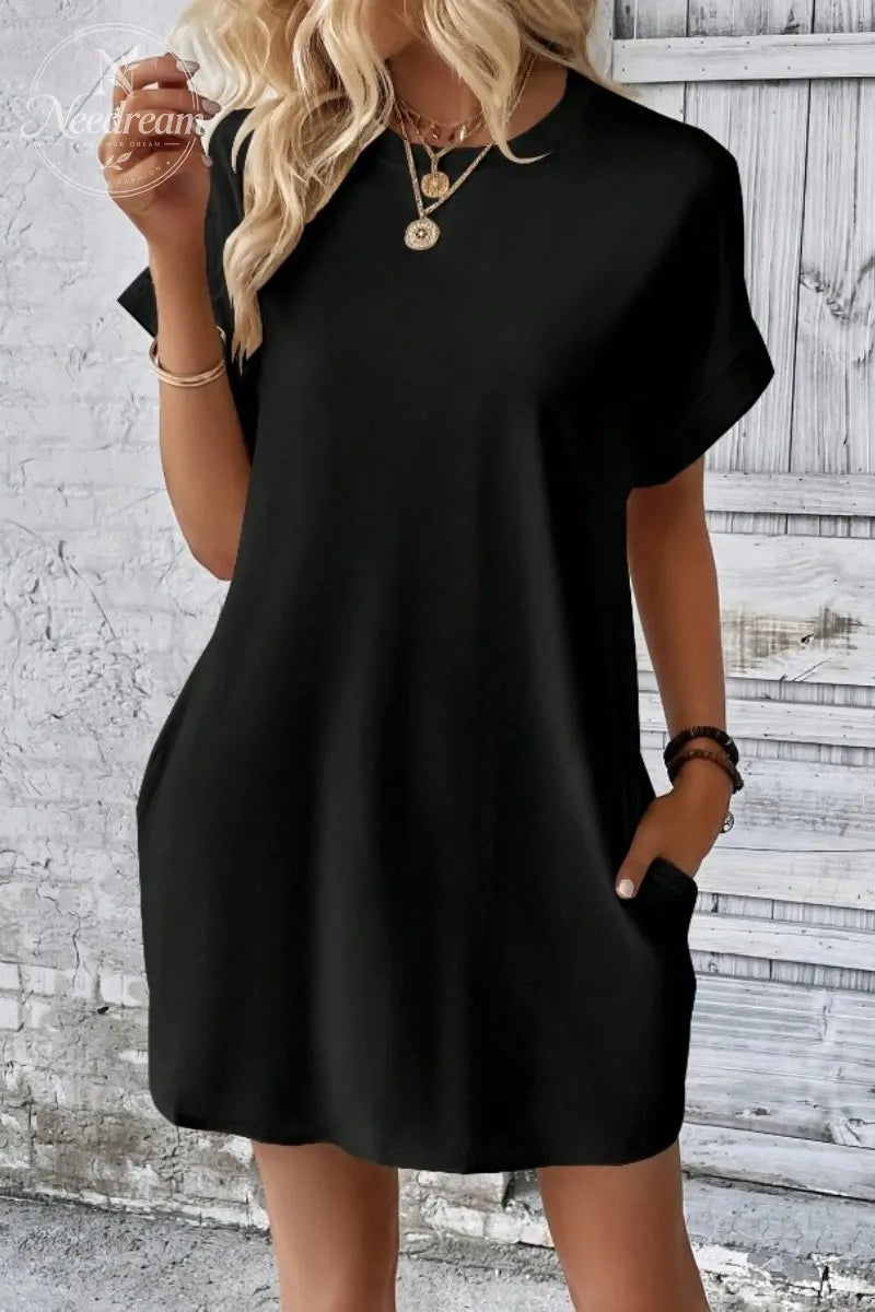 Casual Minimalist Round Neck Roll Up Sleeve Dress