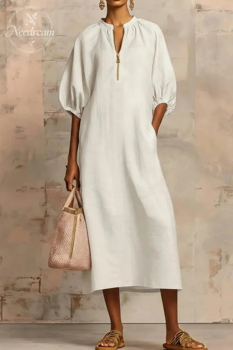 Stylish Zippered Loose Linen-cotton Midi Dress