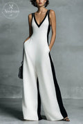 Women's Fashion Black and White Cotton Linen Color Block Thin Strap Jumpsuit