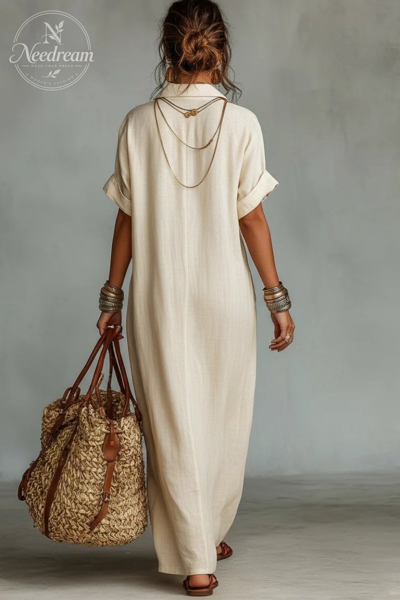 Women's Minimalist Linen Blend Short-sleeved Shirt Maxi Dress
