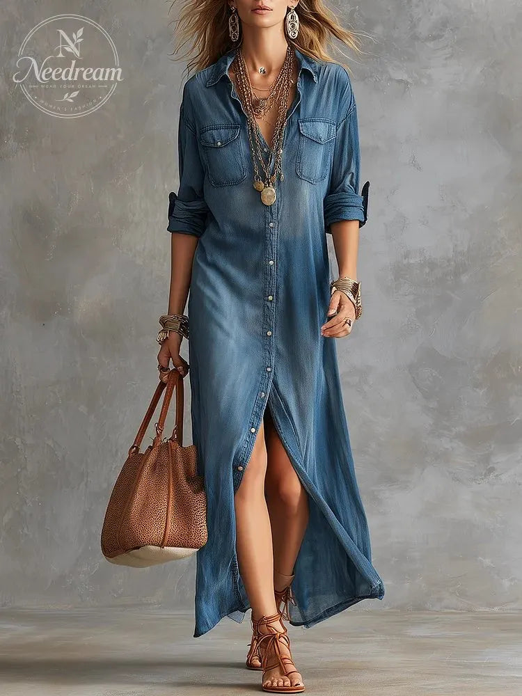 Vintage Washed Denim Shirt Maxi Dress