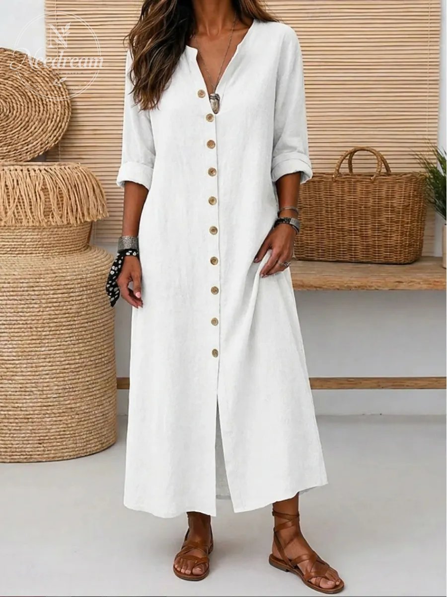 Women'S Vintage Long Sleeve V Neck Slant Pocket Button Front Linen Maxi Dress