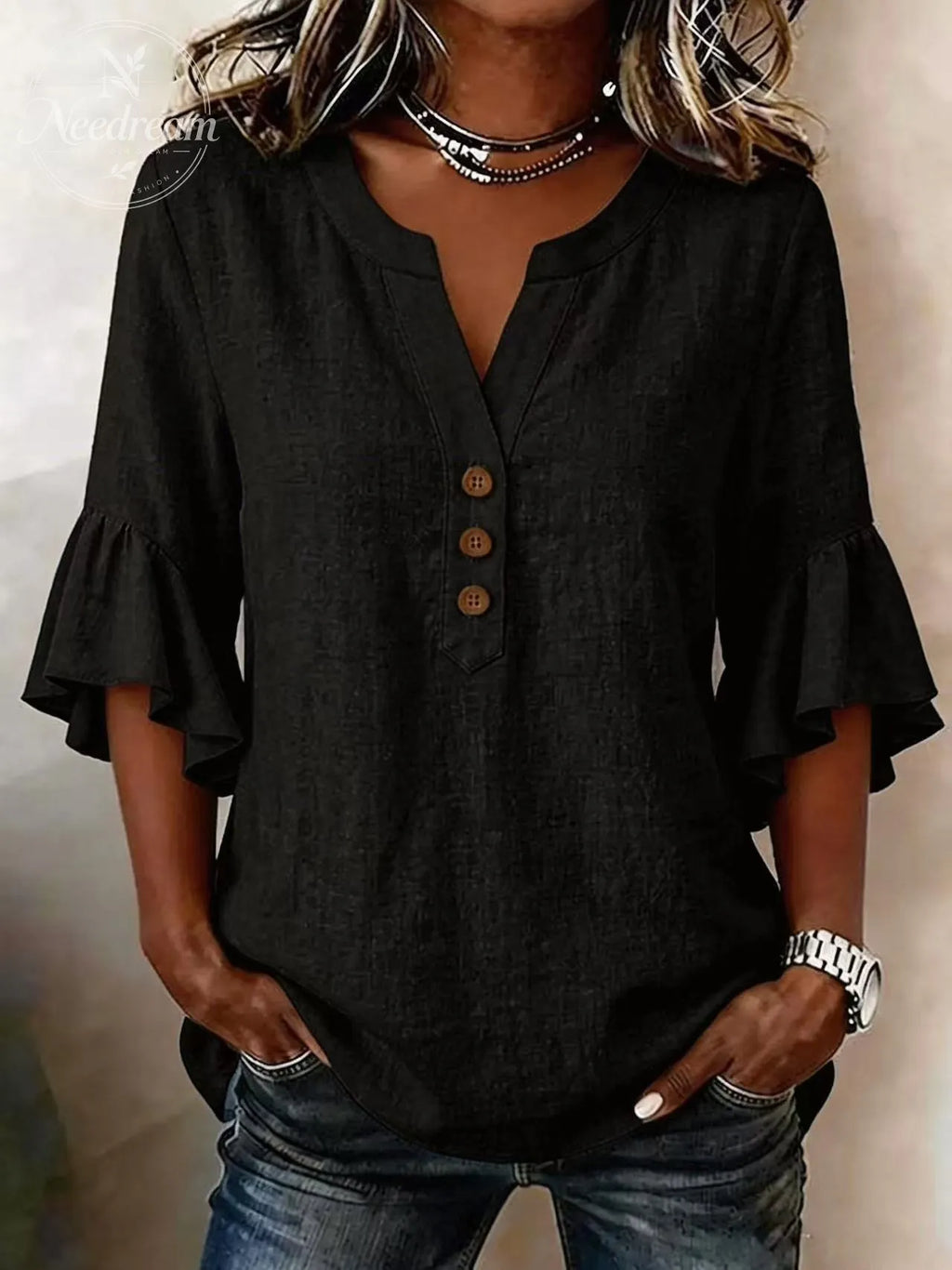 Women'S Solid-Color V-Neck 3/4-Sleeve Casual Loose Cotton-Linen Top