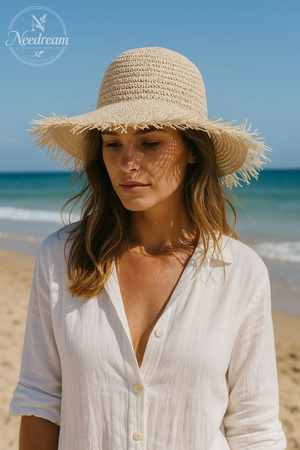 Wide-Brimmed Hand-Woven Straw Hat With Tassels
