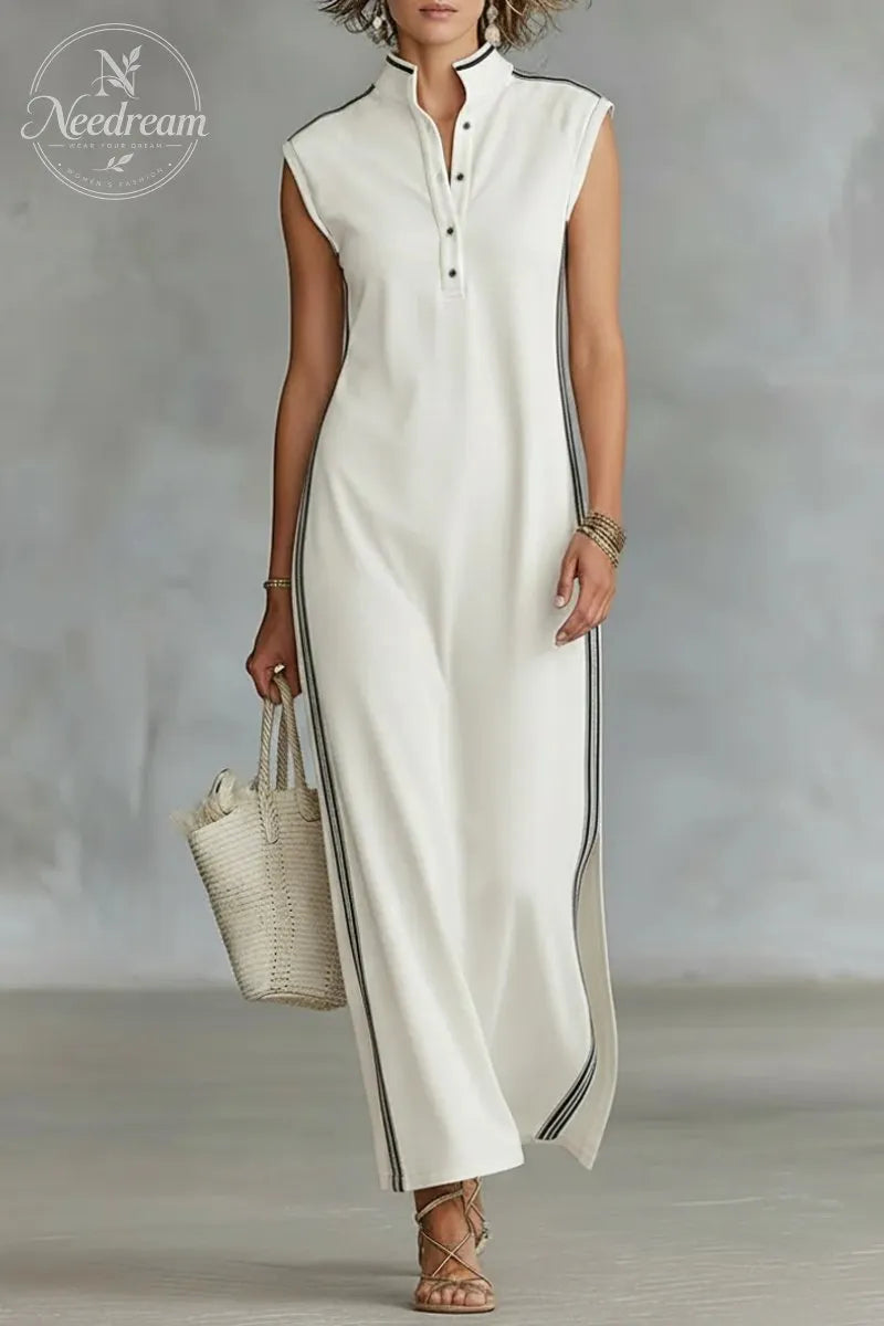 Women's Minimalist Athletic-Style Sleeveless Henley Maxi Dress