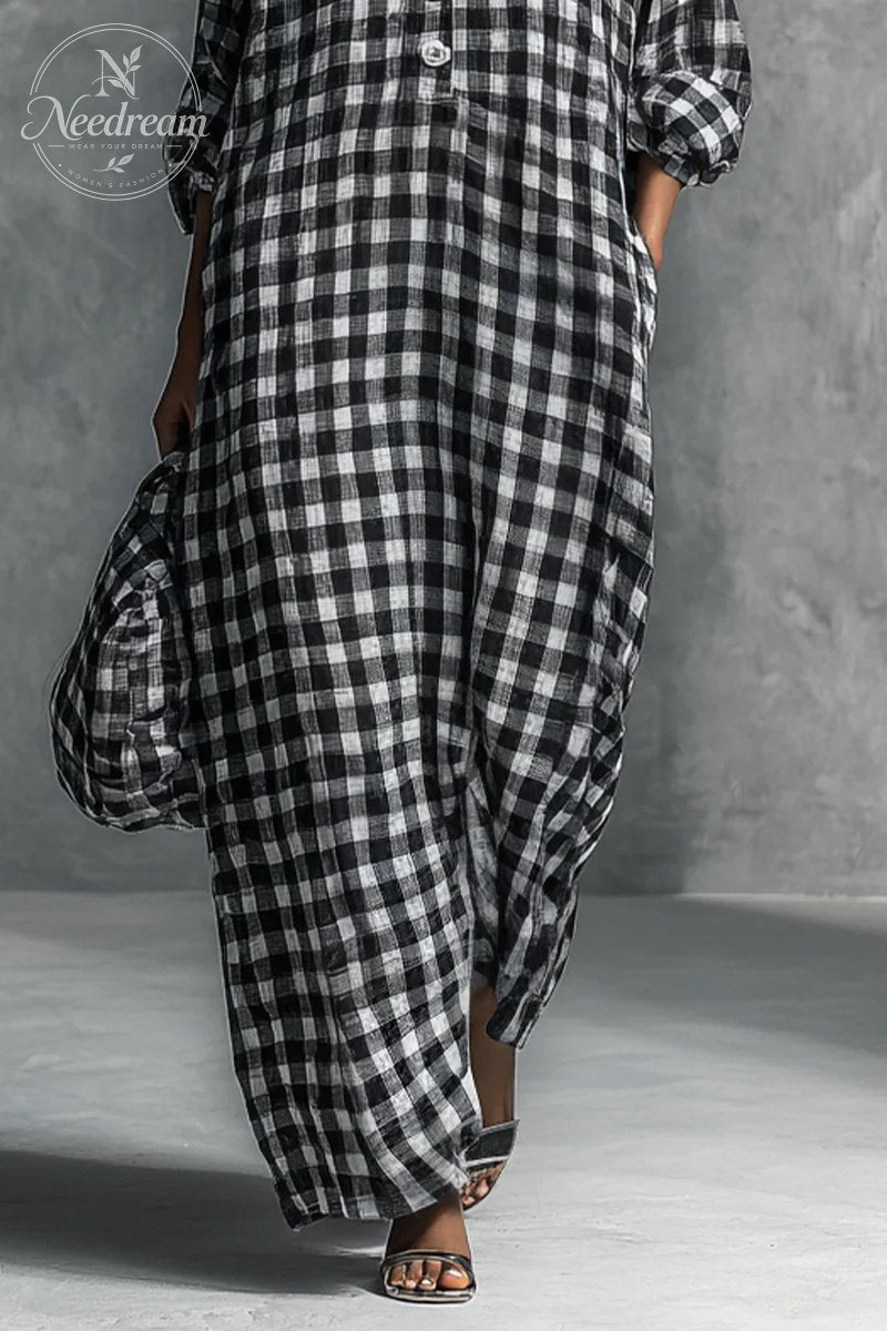 Women's Casual Black And White Checkered Shirt-style Long Dress