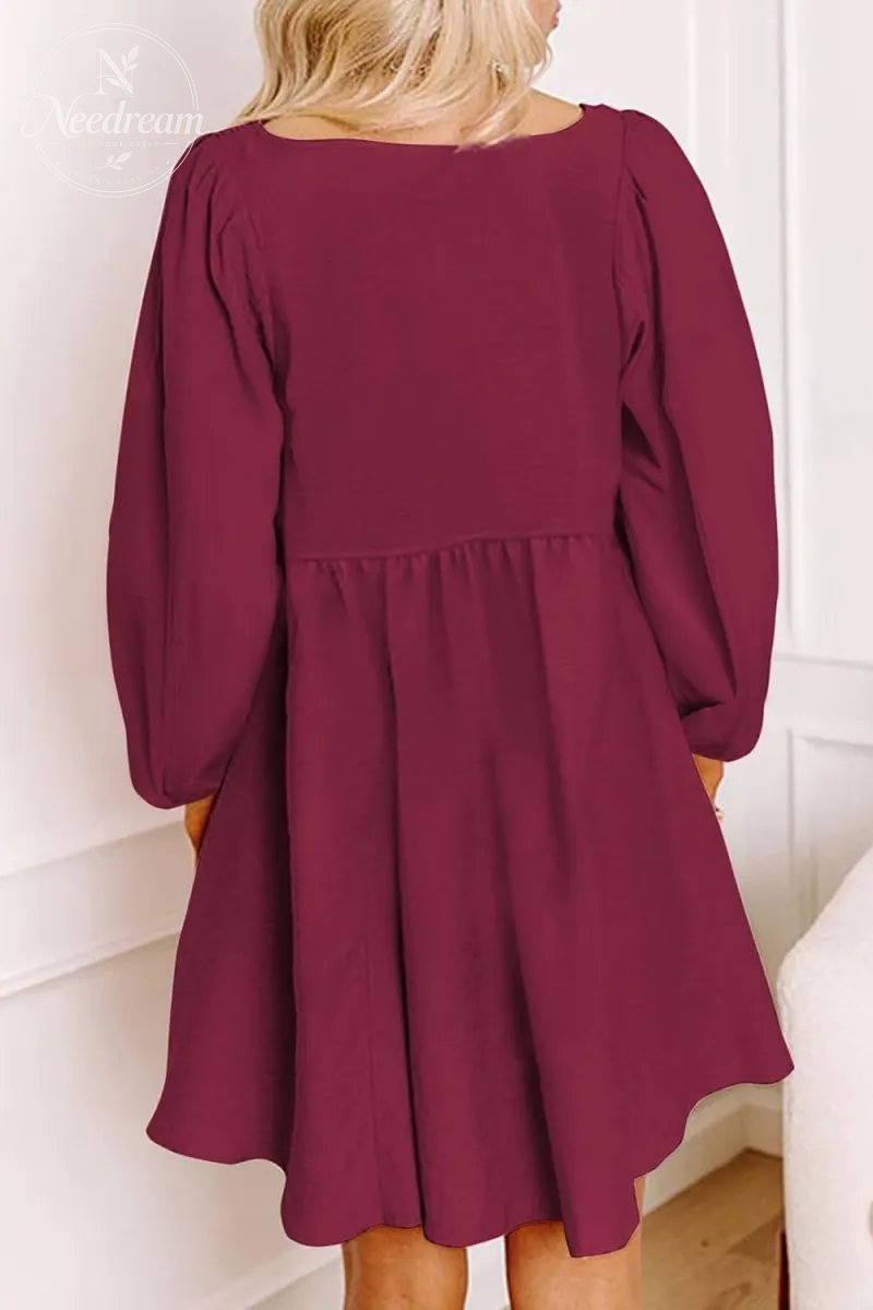 Smocked Crewneck Button Up Long Sleeve Empire Waist A-Line Mini Dress