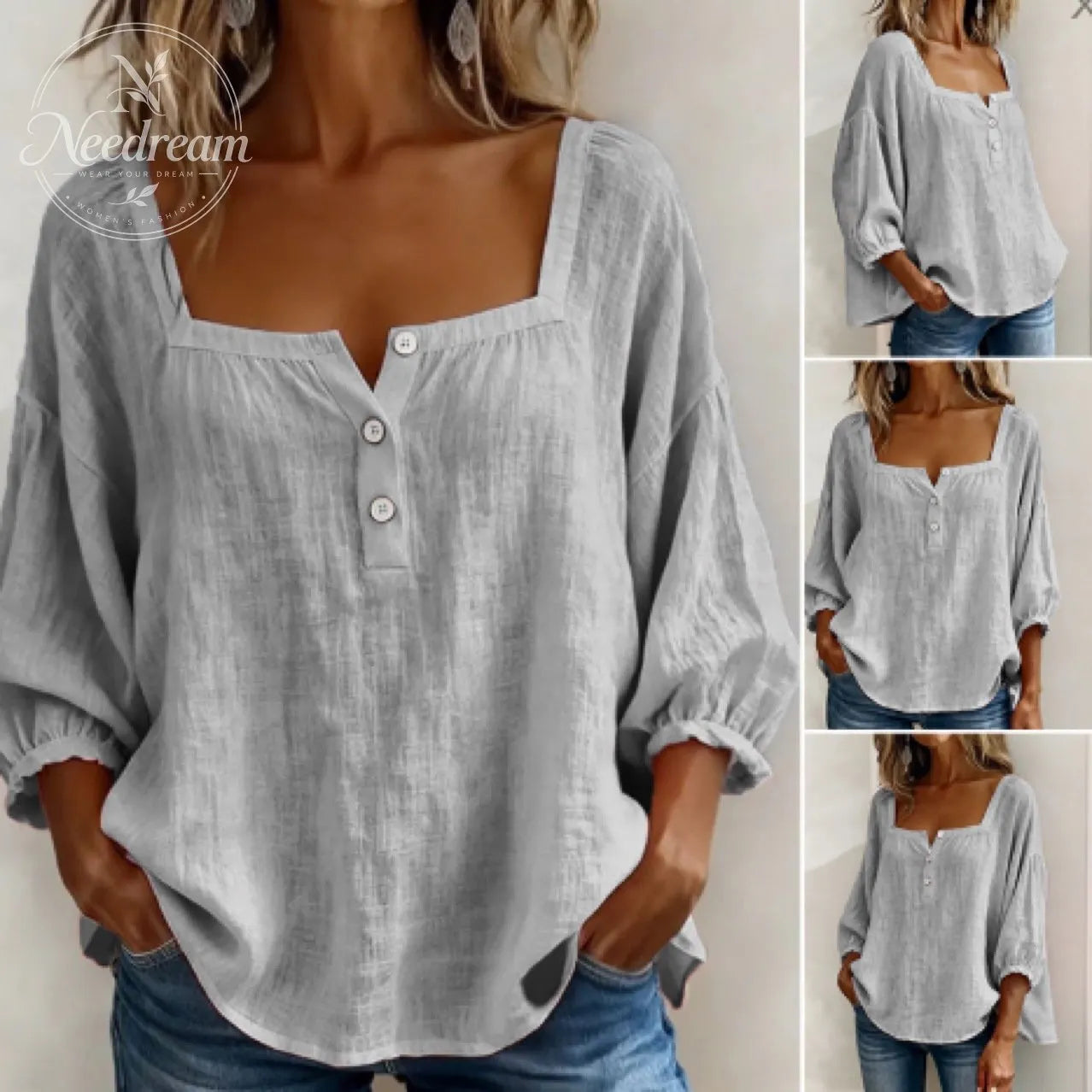 🌸Pink Square-Neck Half-Button Shirt