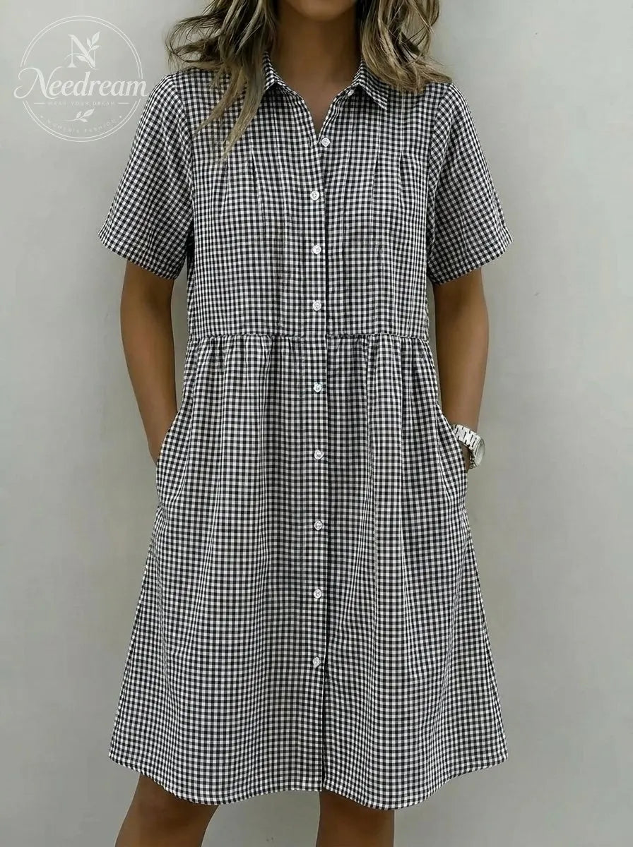 Today 49% off🔥Women’s Cotton Linen Gingham Button-Up Shirt Dress