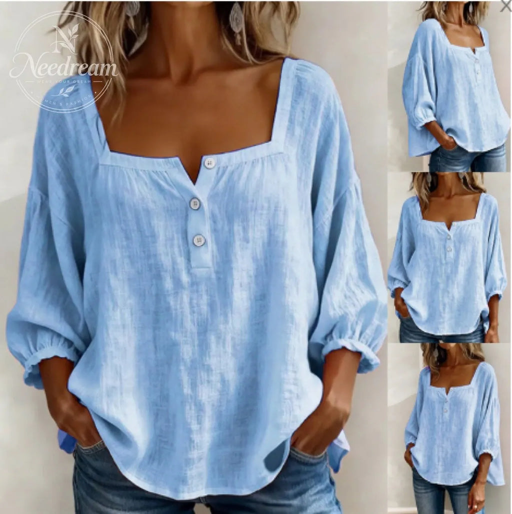 🌸Pink Square-Neck Half-Button Shirt
