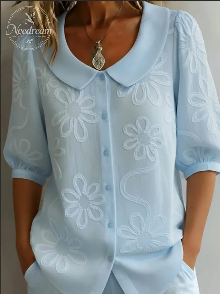 Women's Loose-Fit, Casual, Retro-Style Shirt With Button Details, Floral Embroidery, And Mid-Length Sleeves