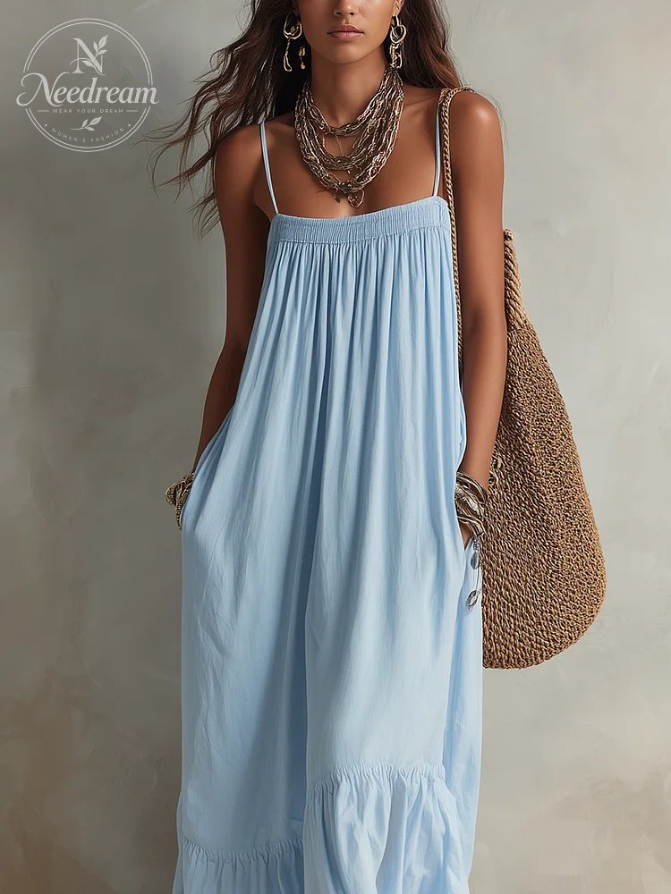 Fresh And Elegant Misty Blue Bohemian Style Long Dress With Thin Straps