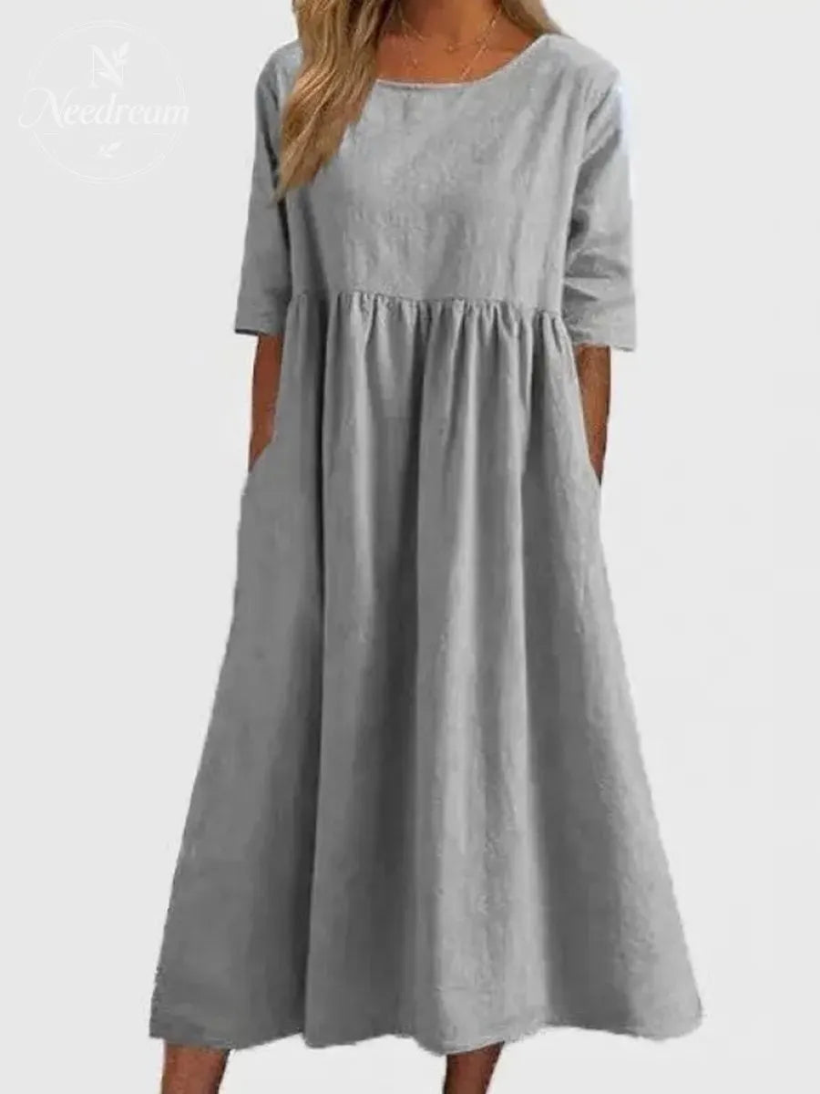 Women's Summer New Cotton and Linen Casual Short Sleeve Pocket Fold Loose Round Neck Dress