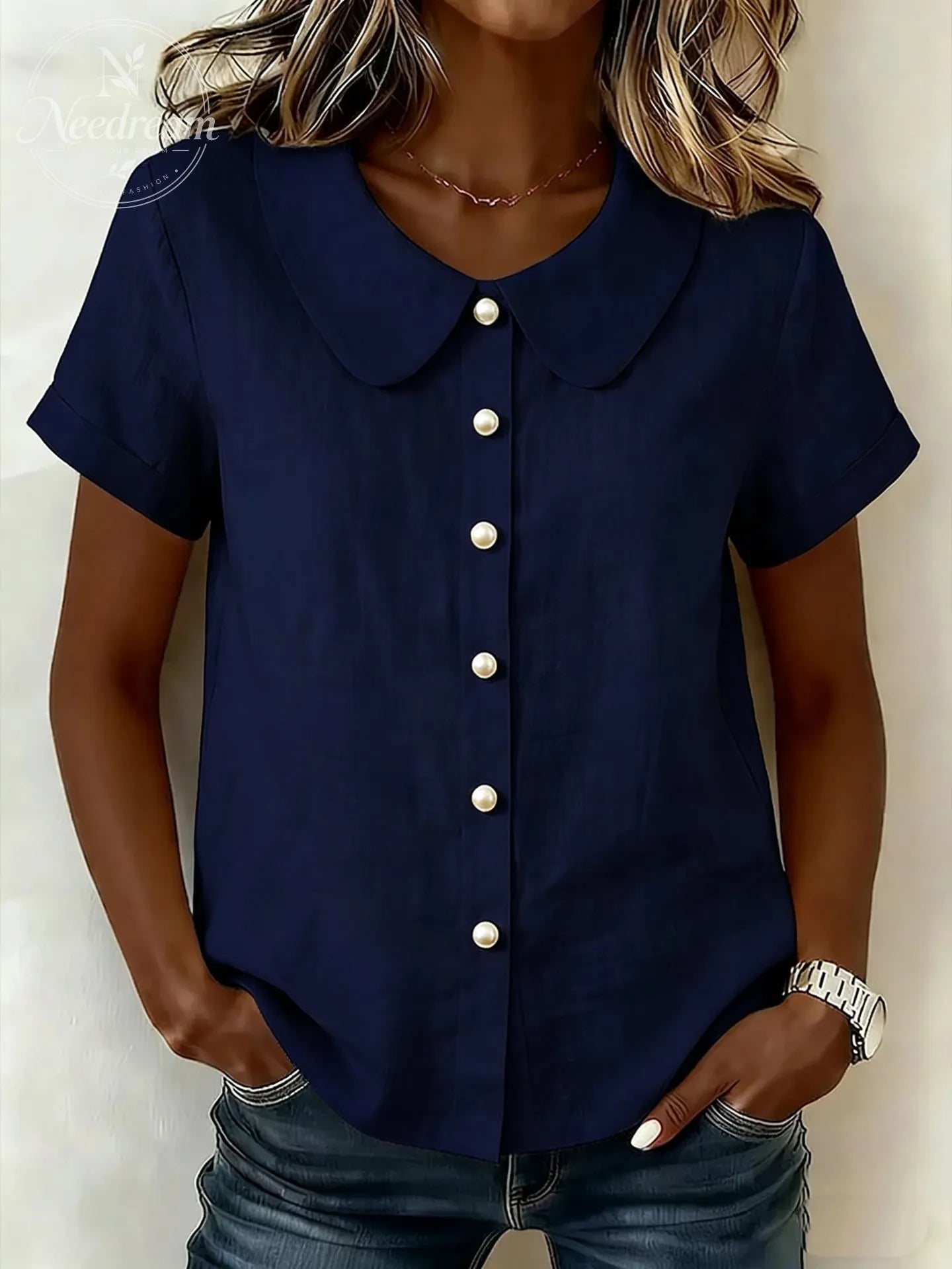 Women's Solid-Color Short-Sleeve Casual Loose Cotton-Linen Shirt with Peter Pan Collar