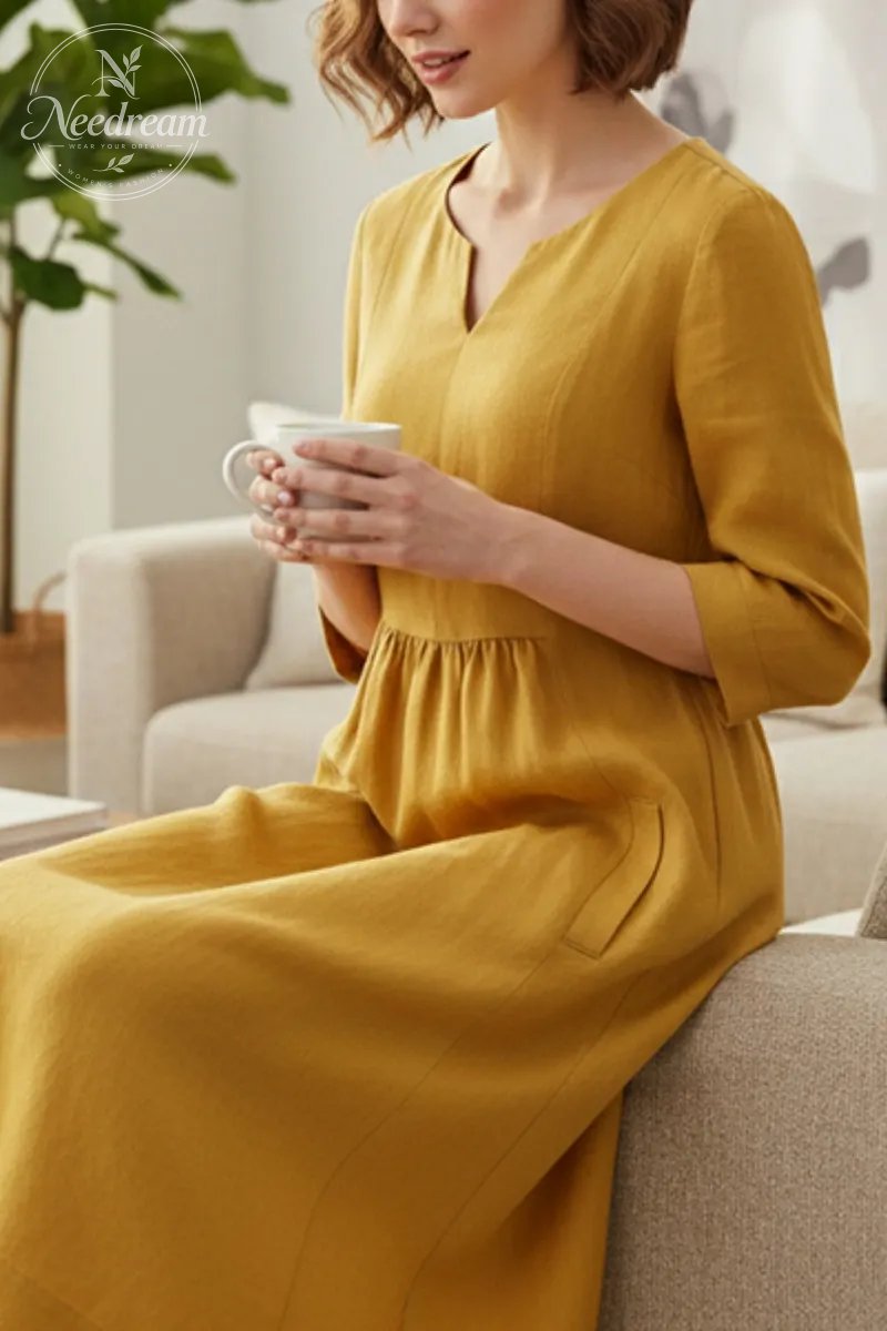 V-Neck Casual Dress, Three-Quarter Sleeves, With Pockets