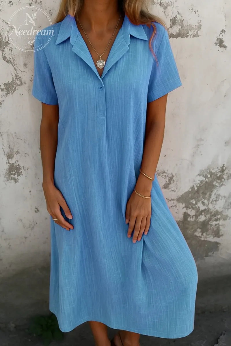 Loose-Fitting Short-Sleeved Cotton And Linen Shirt Dress