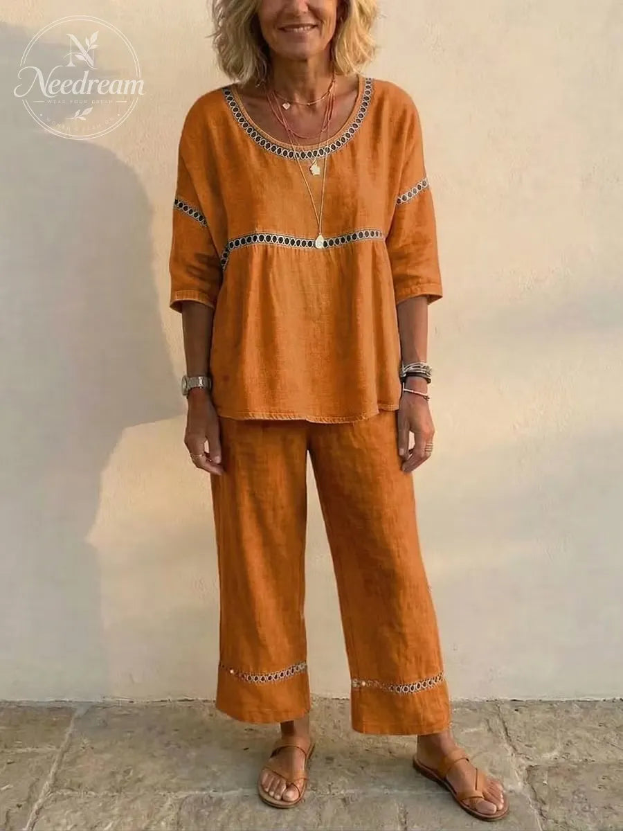 🔥 Women's Vintage Eyelet Casual Loose-Fit Linen Linen Two-Piece Set