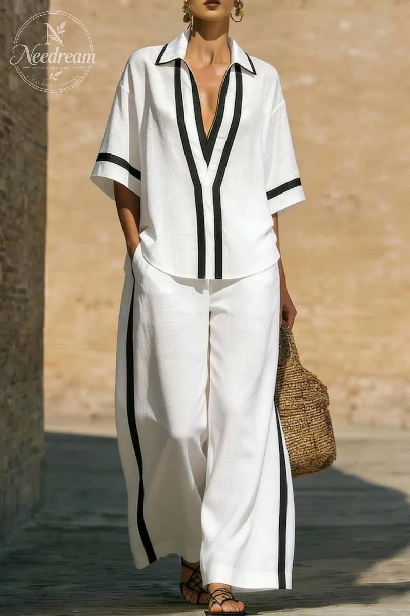 Casual Color-Blocked Short-Sleeved Shirt And Wide-Leg Pants Two-Piece Set