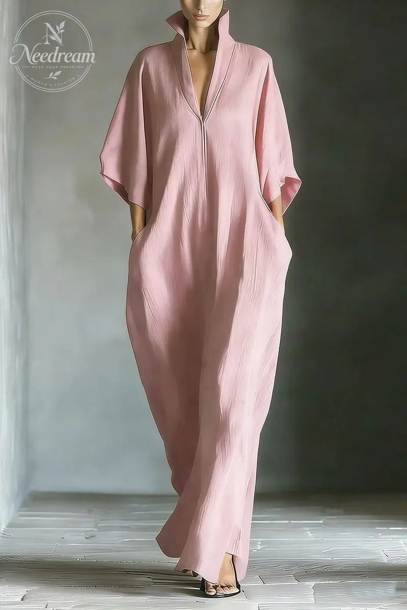 Women's Black Cotton Blend Fabric Oversized Kimono-Sleeve Maxi Dress With Pockets