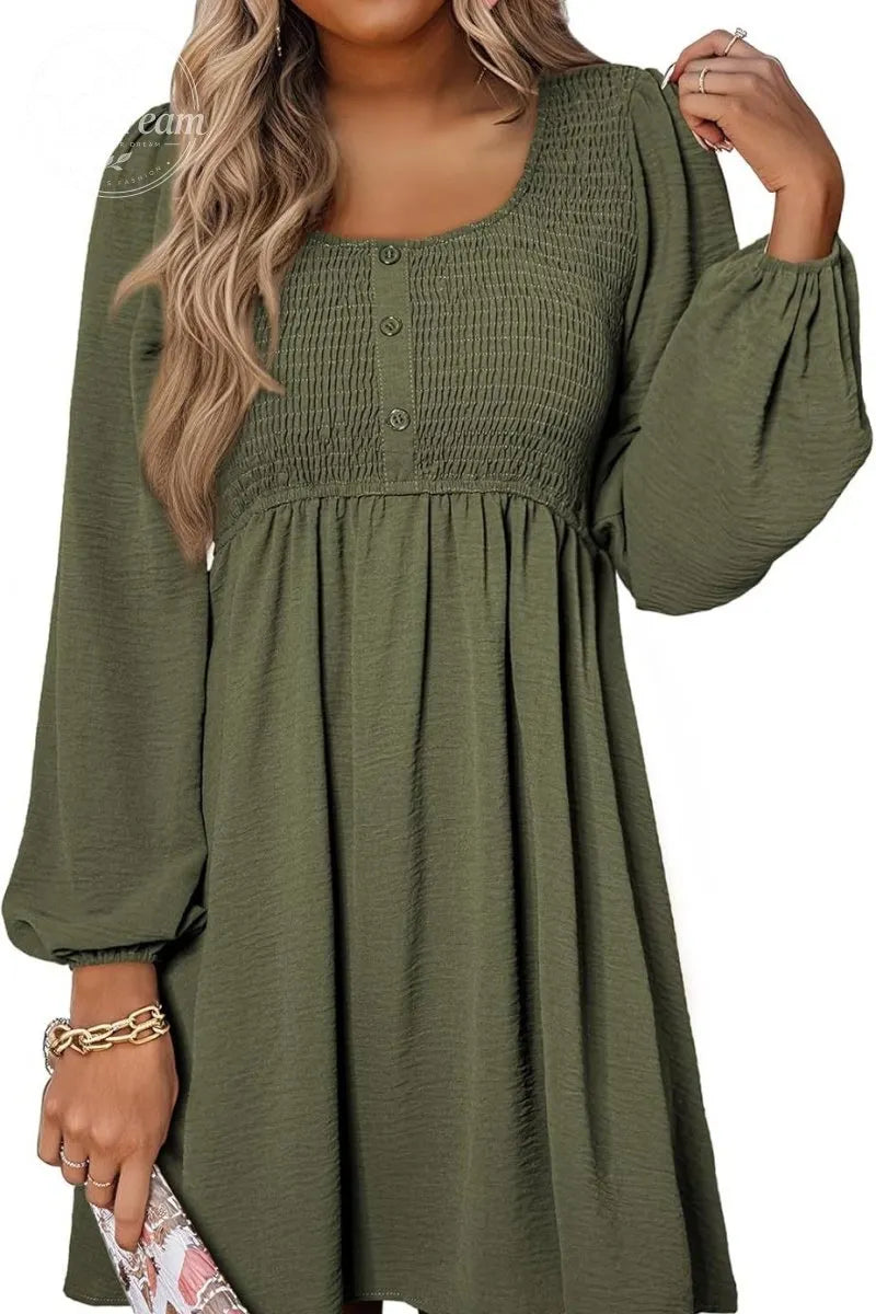 Smocked Crewneck Button Up Long Sleeve Empire Waist A-Line Mini Dress