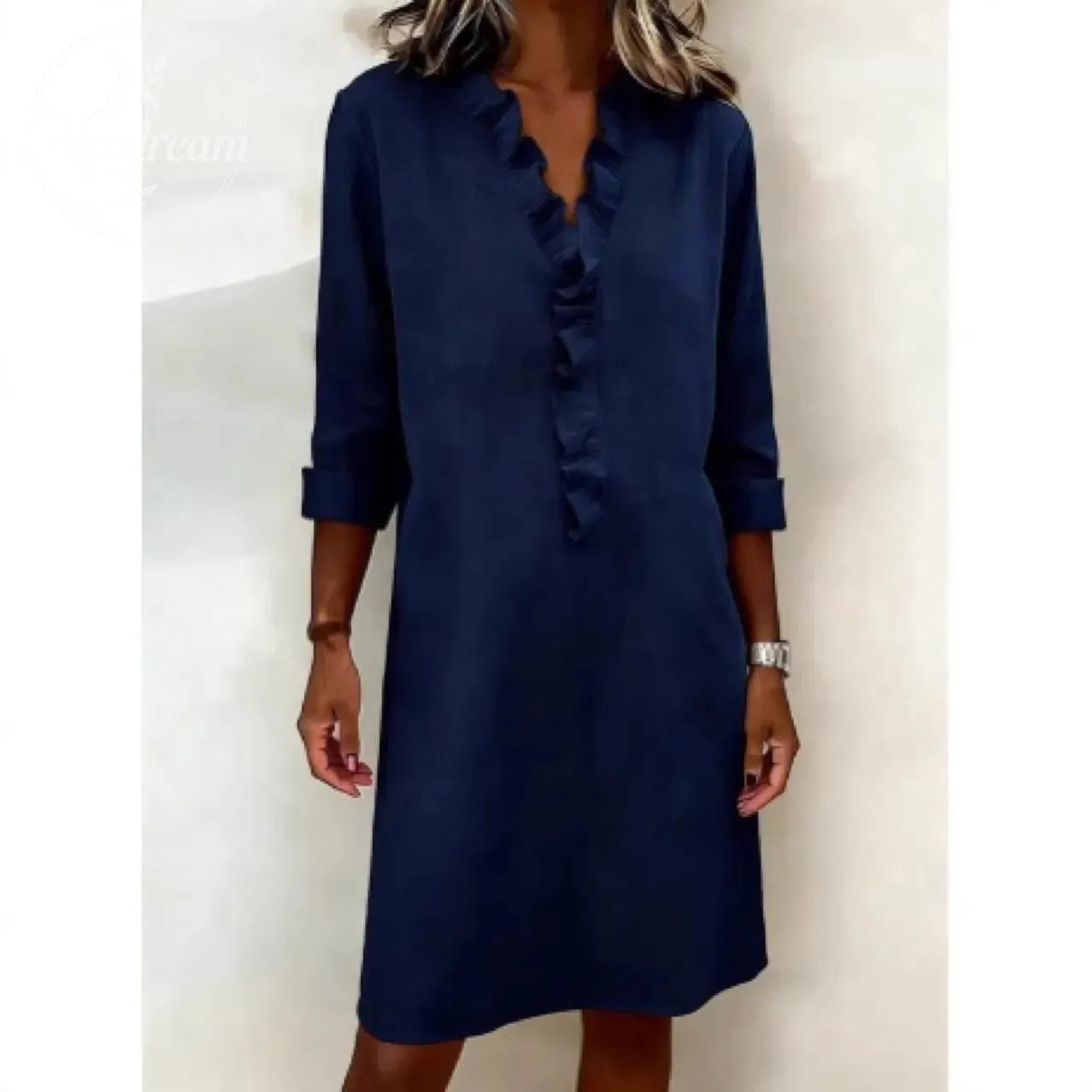 Ruffled V-Neck Solid Color Dress