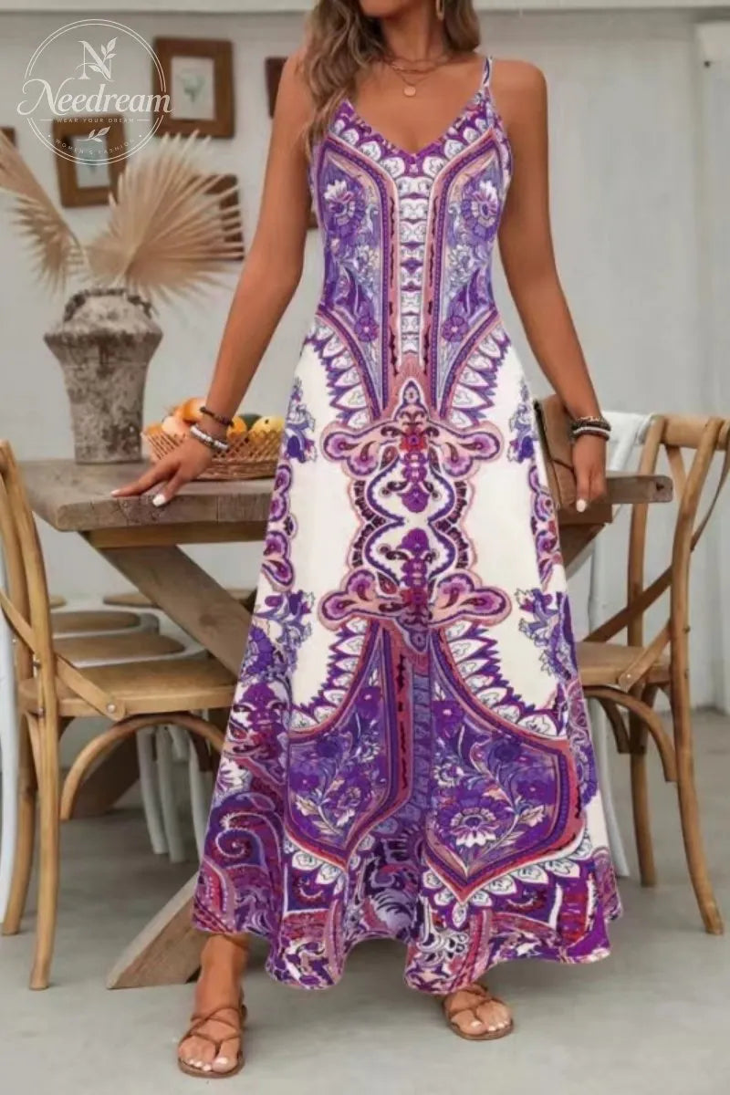 Women's Floral Print Dress, Boho Sleeveless Spaghetti Strap Maxi Dress