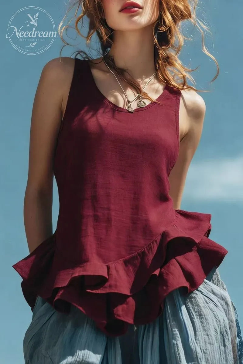 Women's Fashion Sleeveless Ruffled Hem Top