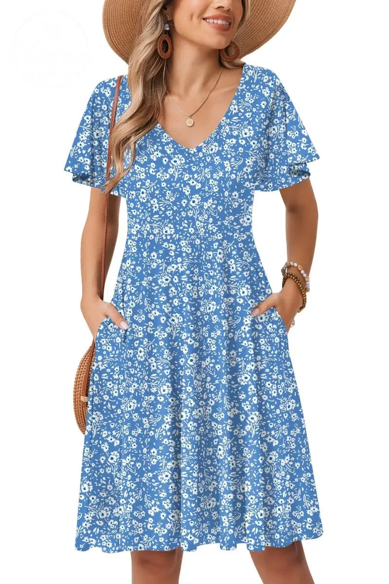 Womens Summer Dress Casual Swing Floral Ruffle Short Sleeve Sundresses Beach Mini A-Line Shift Dress