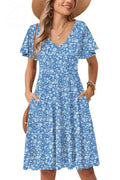 Womens Summer Dress Casual Swing Floral Ruffle Short Sleeve Sundresses Beach Mini A-Line Shift Dress