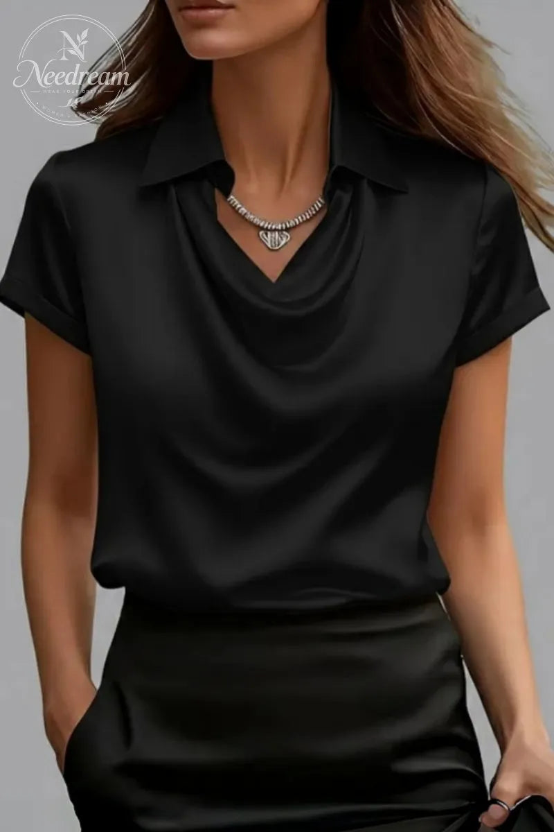 Women's Solid Turndown Collar Cowl Neck Long Sleeve Blouse