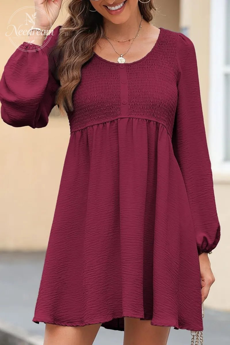 Smocked Crewneck Button Up Long Sleeve Empire Waist A-Line Mini Dress