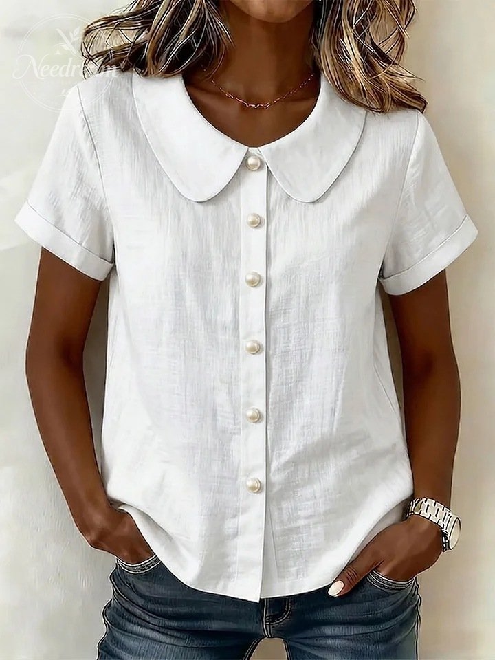 Women's Solid-Color Short-Sleeve Casual Loose Cotton-Linen Shirt with Peter Pan Collar