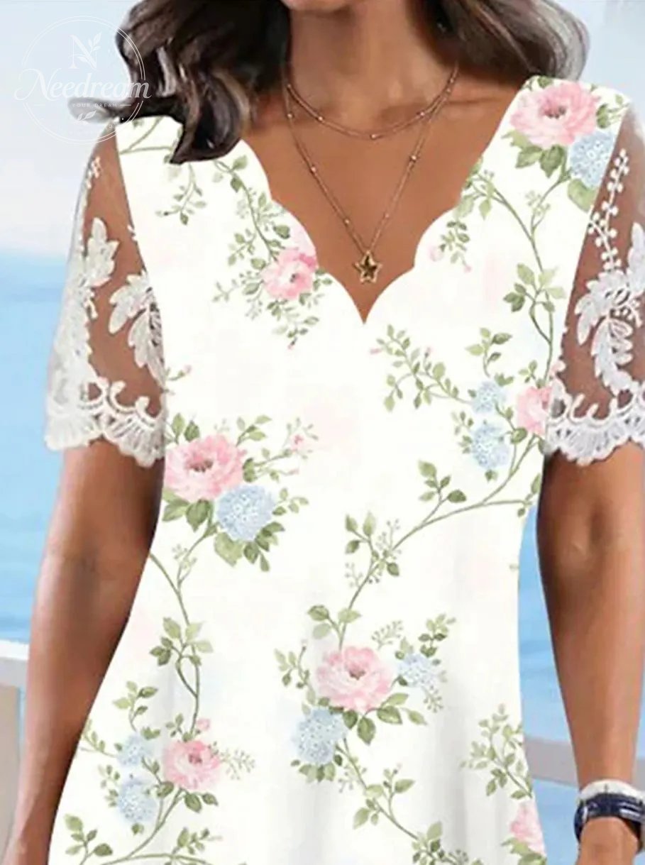Wave-Neck Lace Short-Sleeved Floral Midi Dress