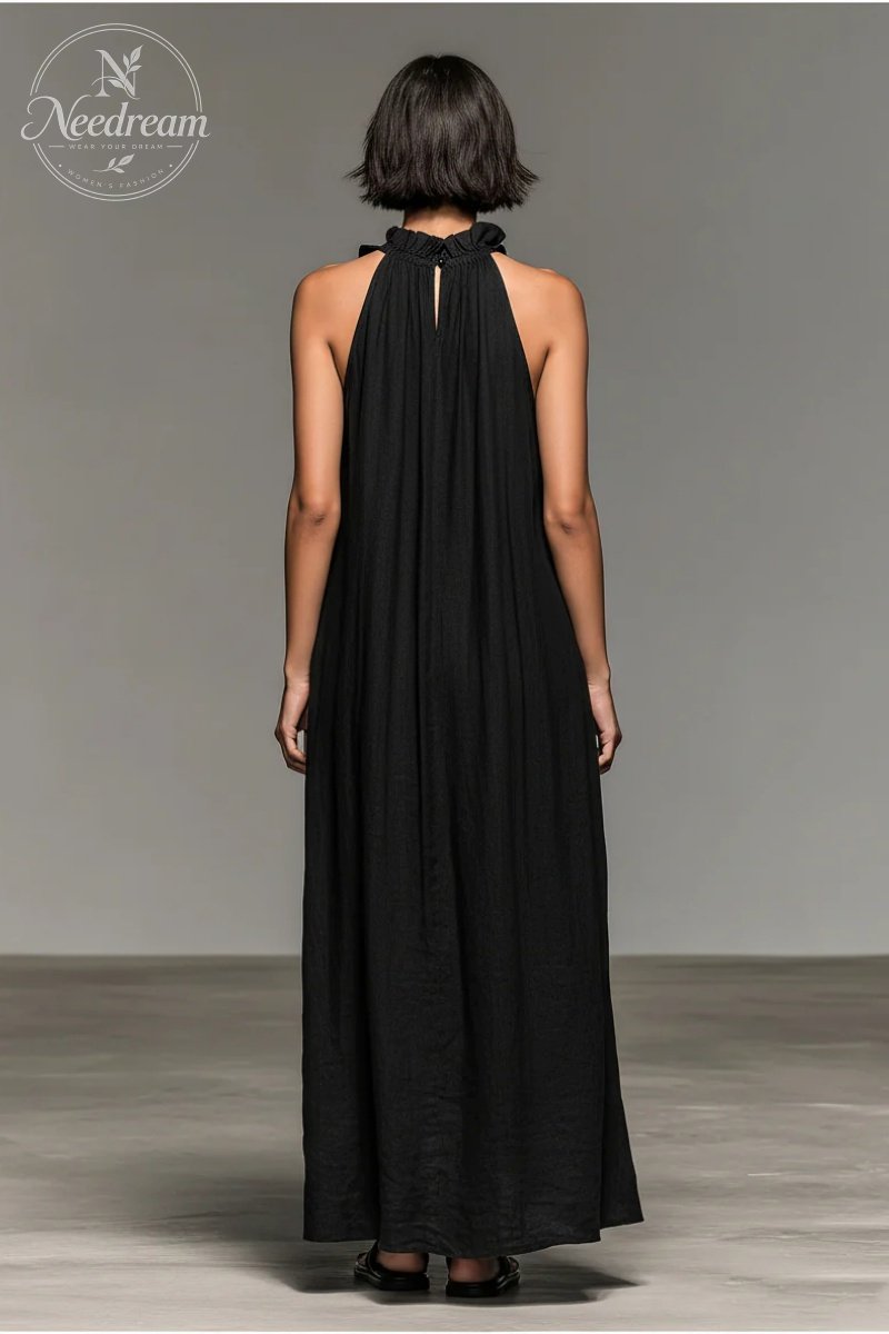Women's Minimalist Linen-blend Sleeveless Maxi Dress With Ruffle Details
