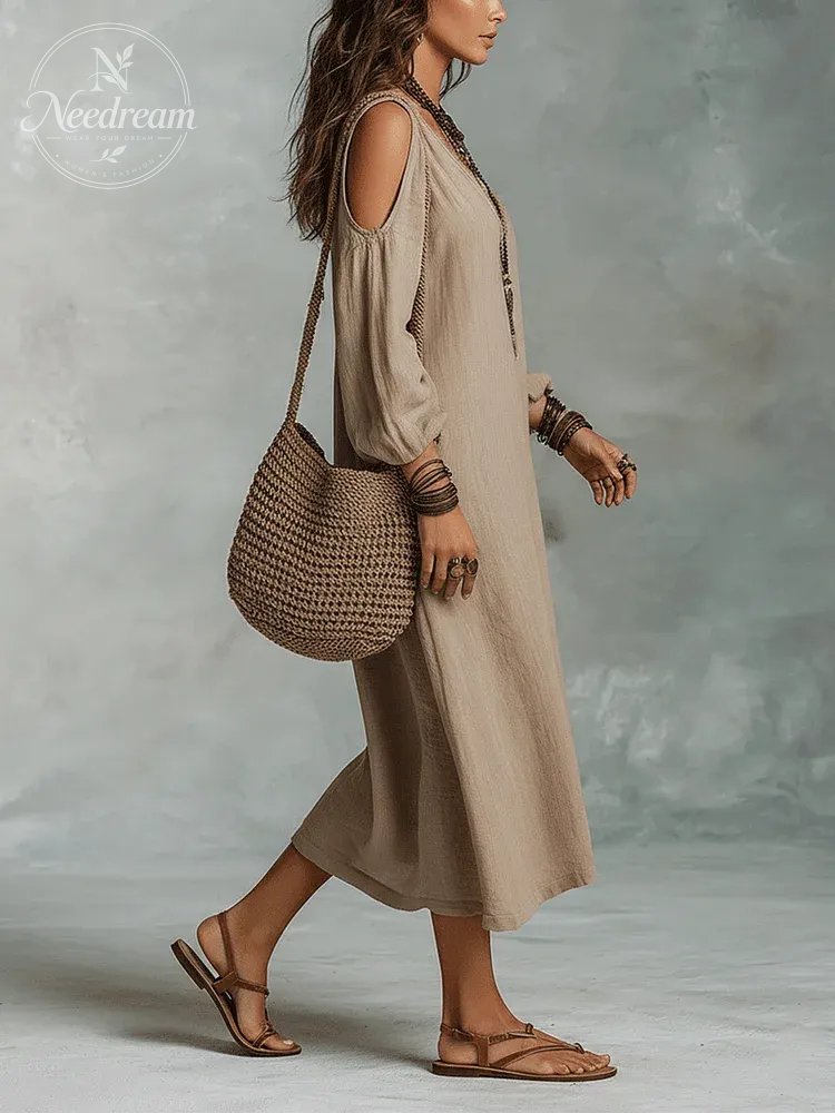 Relaxed Bohemian Cold-Shoulder Linen Midi Dress