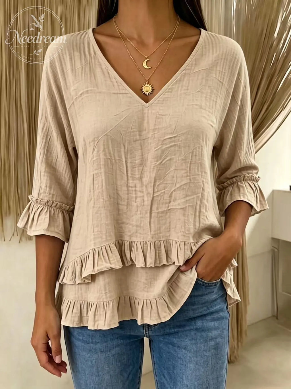 Women's V-Neck Cotton-Linen Top with Ruffled Hem