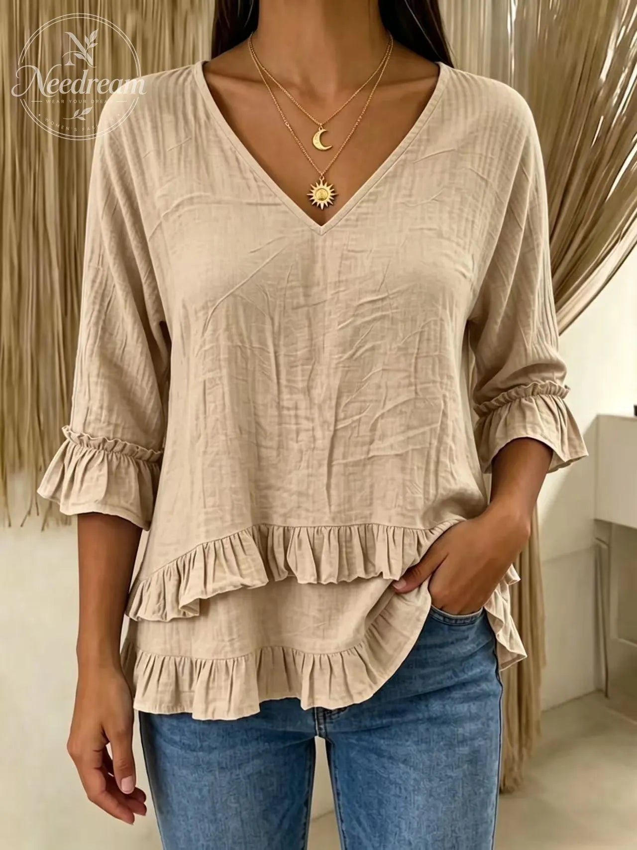 Women's V-Neck Cotton-Linen Top with Ruffled Hem
