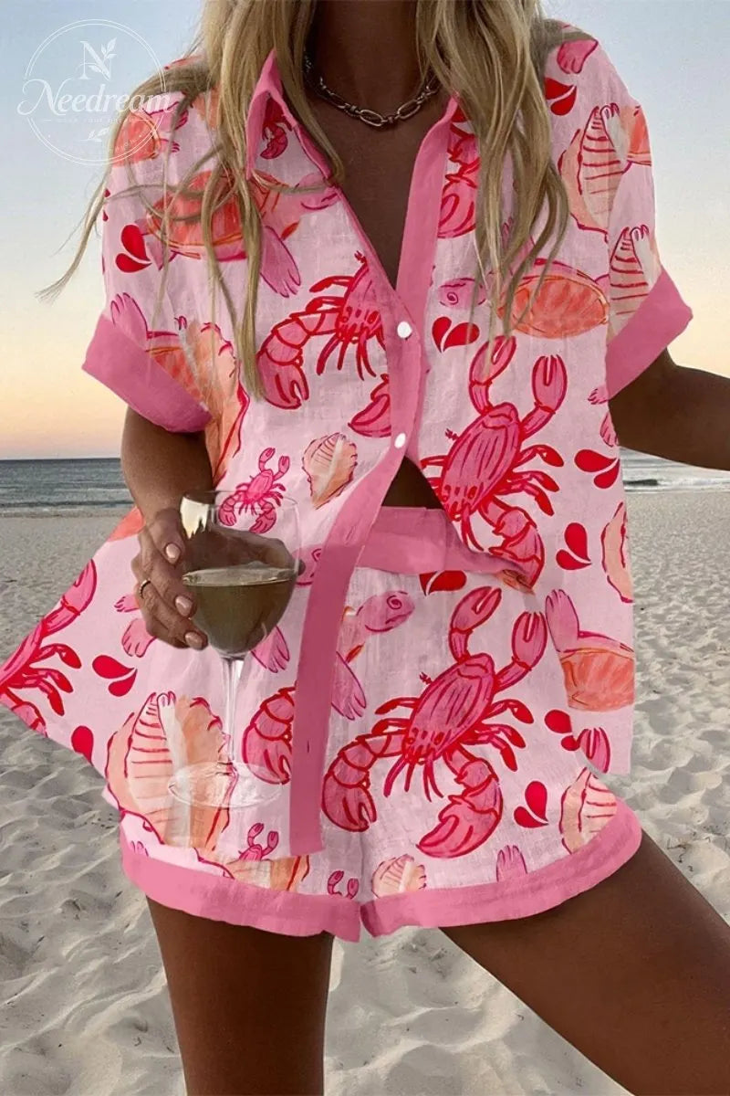 Sea Life Print Shirt & Shorts Two-Piece Set