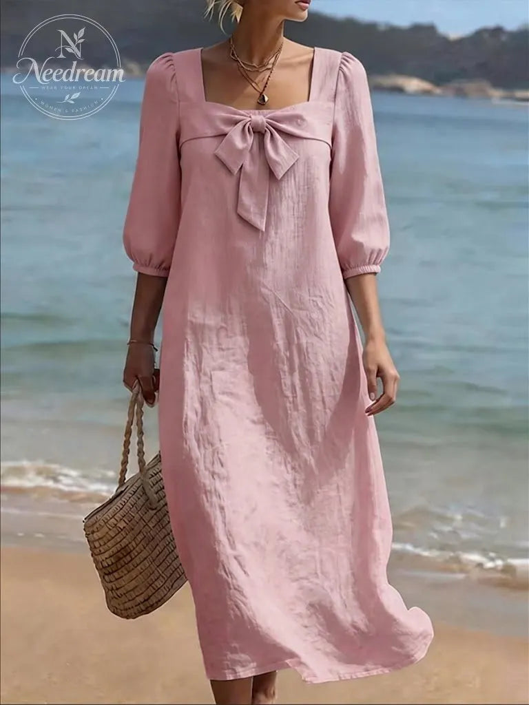 Stylish Square-neck Linen And Cotton Bow Dress