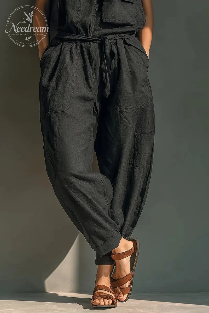 Women's Black Cotton Blend Sleeveless Jumpsuit With Square Neck & Utility Pocket Detail