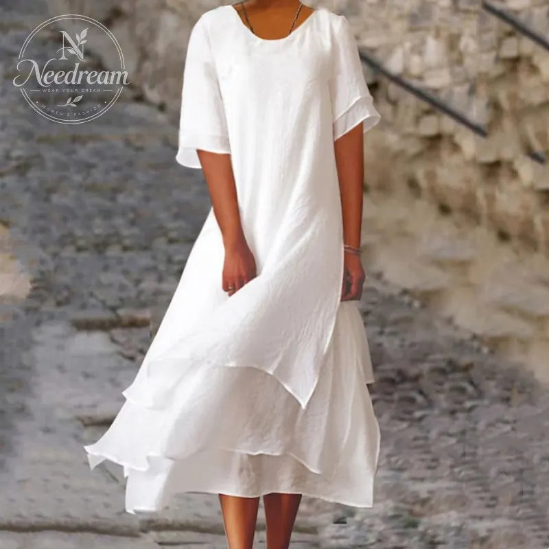 Women'S Round Neck Irregular Hem Midi Dress