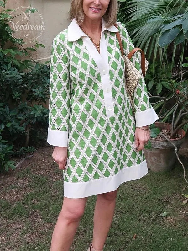 NEW🔥 Diamond Plaid Lace Cutout V Neck Shirt Dress