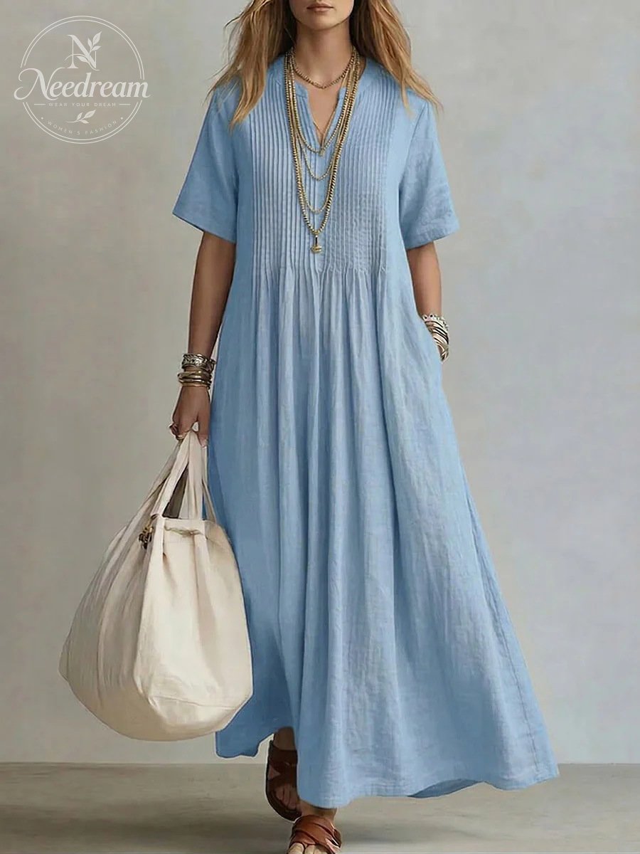 🔥 Women'S V-Neck Short-Sleeved Pleated Cotton-Linen Dress