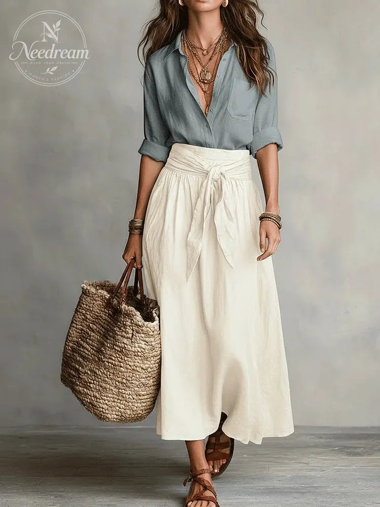 Effortless Boho Black Blouse & Olive Satin Midi Skirt Set
